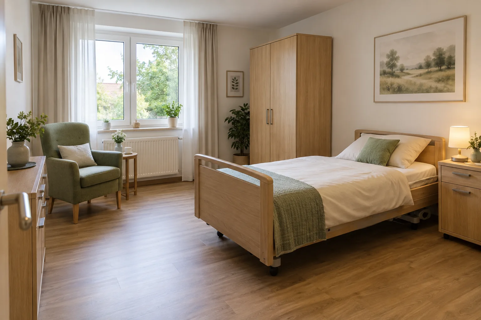 Zimmer mit Pflegebett, Kleiderschrank und Sessel