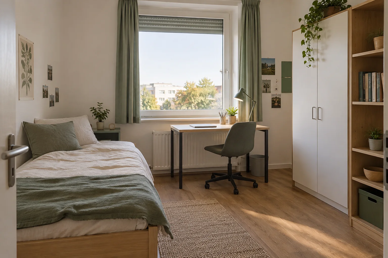 Studierendenzimmer mit Bett und Schreibtisch