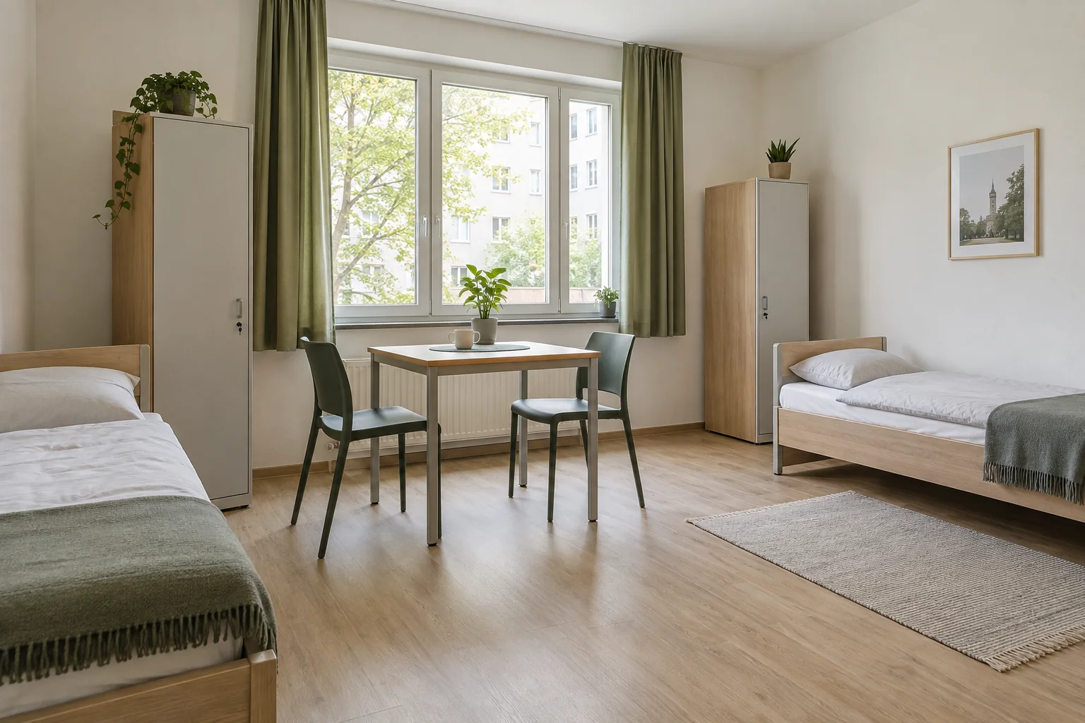 Zweibettzimmer mit Stauraum und Sitzplatz